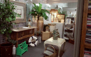 Interior of thrift shop. Tables, pictures, on wall, and a curio cabinet in view.
